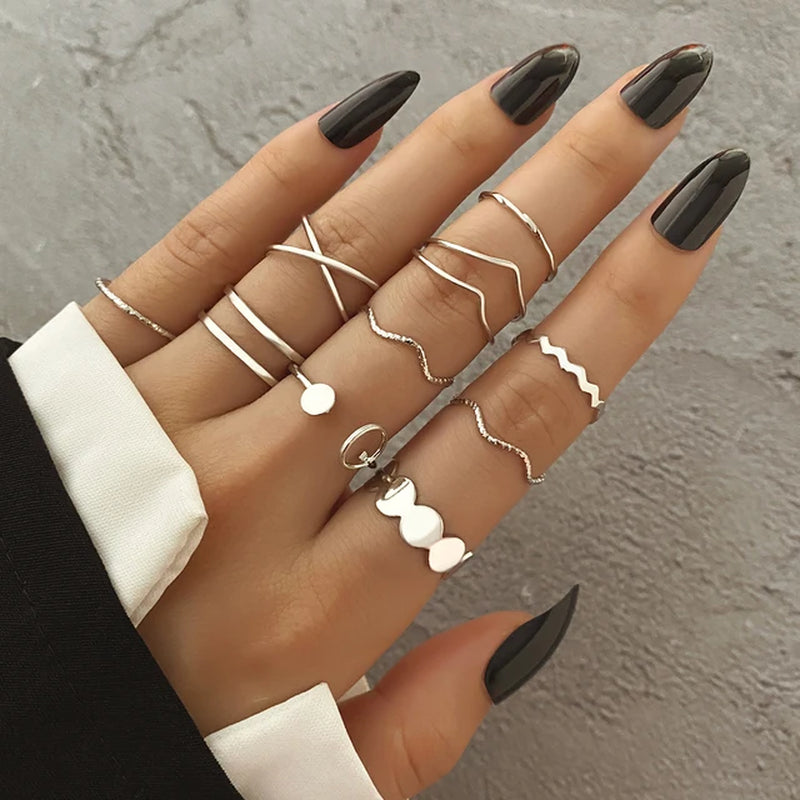 Mode Silber Farbe Metall Ringe Set Herz Schmetterling Blätter Blume Kristall Trendy Finger Ring für Frauen Schmuck Geschenke