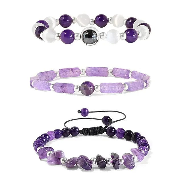 Amethyst Armband Set zur Körperreinigung für Gewichtsverlust, Yoga und Meditation - Heilstein-Schmuck für Frauen und Männer