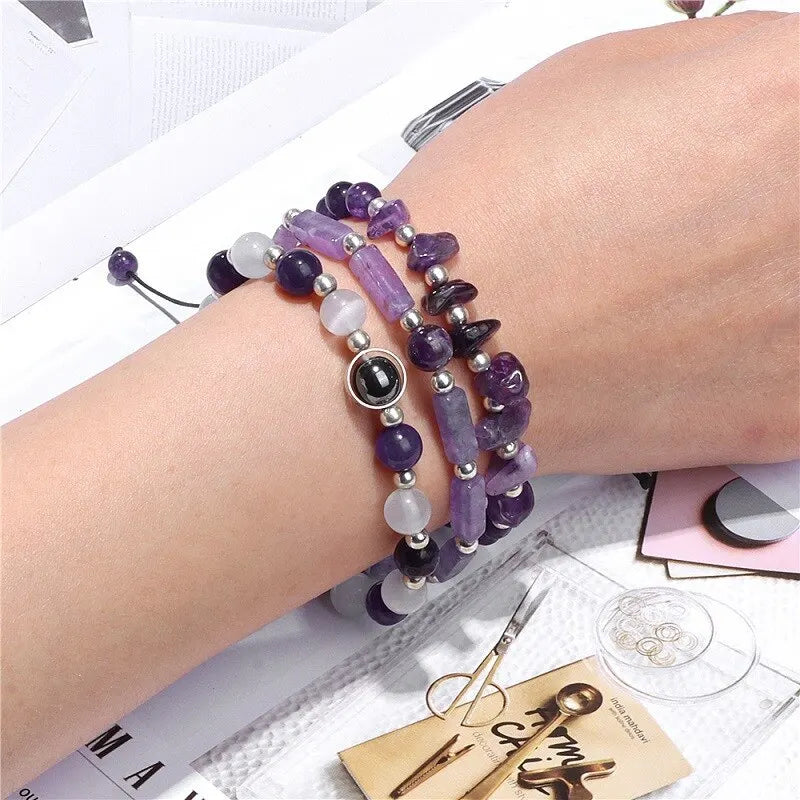 Amethyst Armband Set zur Körperreinigung für Gewichtsverlust, Yoga und Meditation - Heilstein-Schmuck für Frauen und Männer