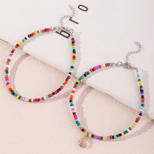 Bohemian Beaded Anklets Set for Women - Colorful Handmade Foot Jewelry