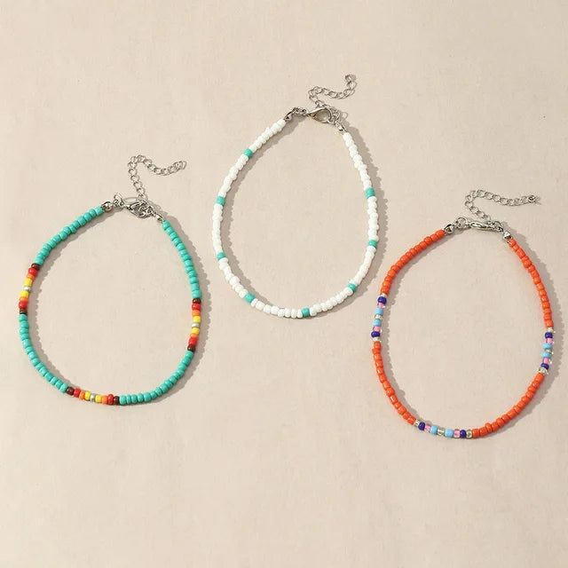 Bohemian Beaded Anklets Set for Women - Colorful Handmade Foot Jewelry