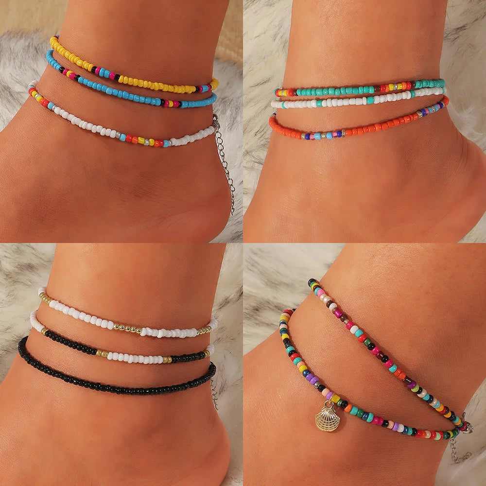 Bohemian Beaded Anklets Set for Women - Colorful Handmade Foot Jewelry