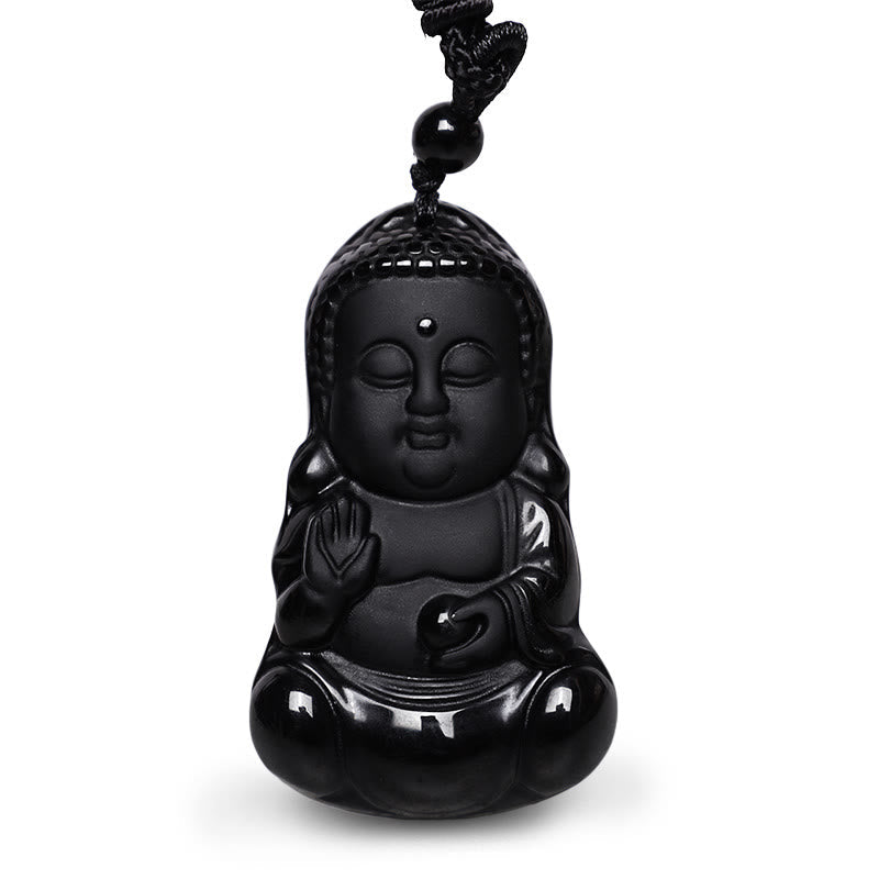 Chavri Natürlicher schwarzer Obsidian-Kristall, Buddha-Stärke, Schutz-Amulett, Glücksbringer-Anhänger-Halskette