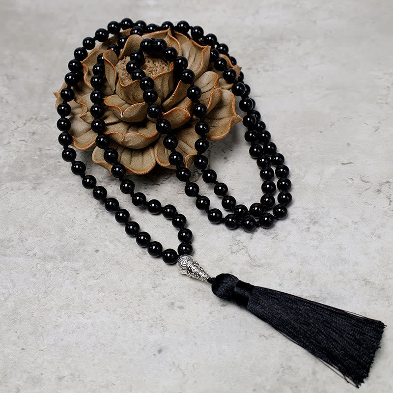 Chavri 108 Mala schwarze Onyxperlen Yoga Meditation Gebetsperlen Halskette