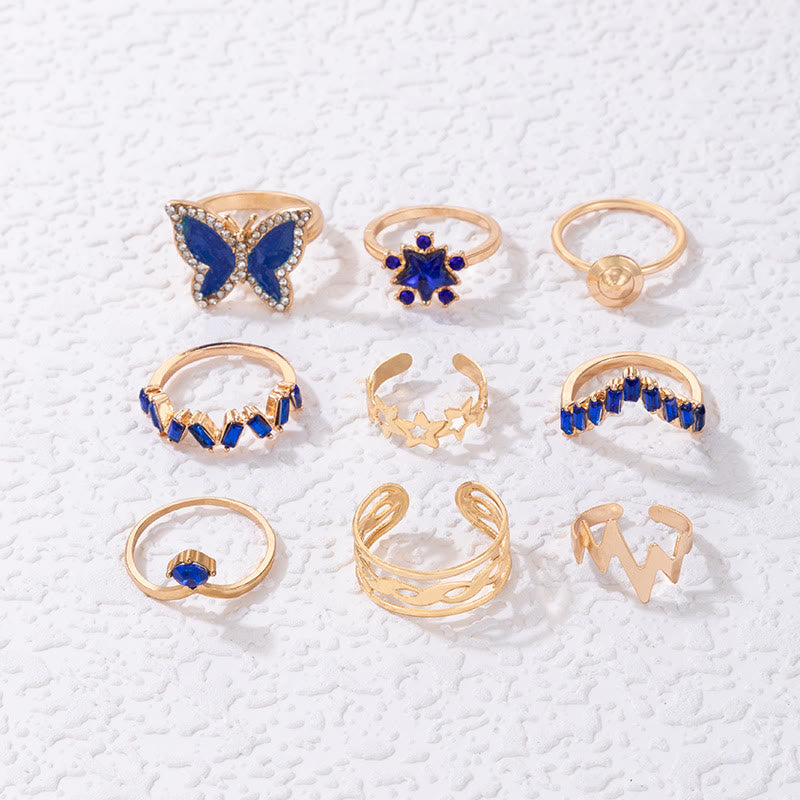 9 Stücke Schmetterling Strass Ring -Set
