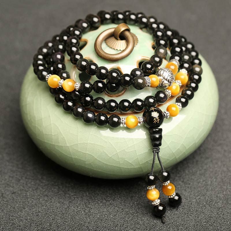 Chavri Mala-Armband mit 108 Perlen, schwarzem Obsidian, Tigerauge, Lazurit