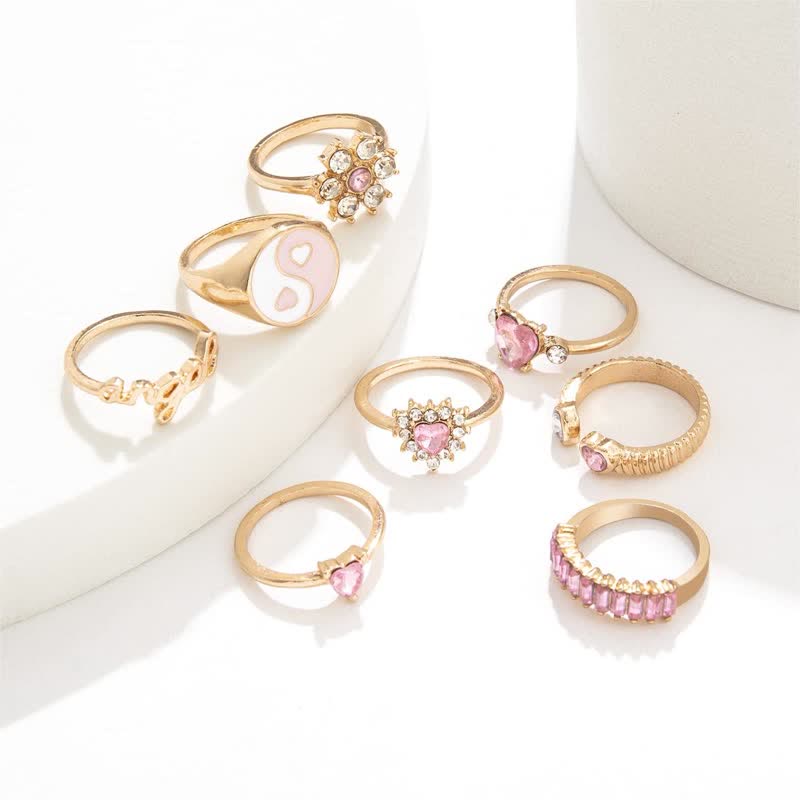 8Pcs Rosa Yin Yang Blühen Liebesring Set