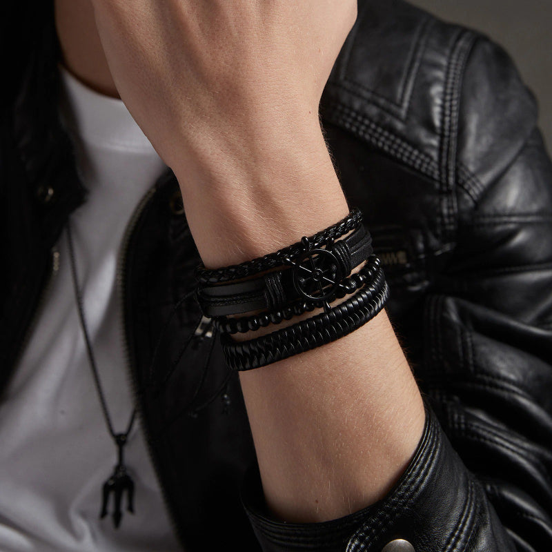 4Pcs Vintage Holzperlen Geflochtene Vegane Leder Wrap Armbänder Set