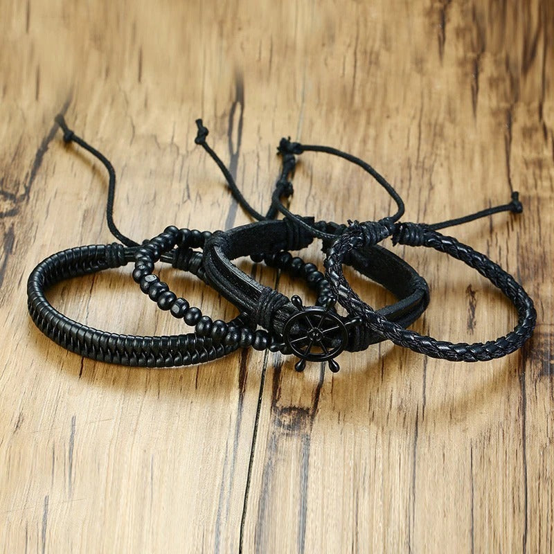 4Pcs Vintage Holzperlen Geflochtene Vegane Leder Wrap Armbänder Set