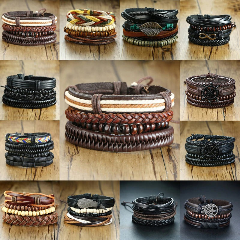 4Pcs Vintage Holzperlen Geflochtene Vegane Leder Wrap Armbänder Set