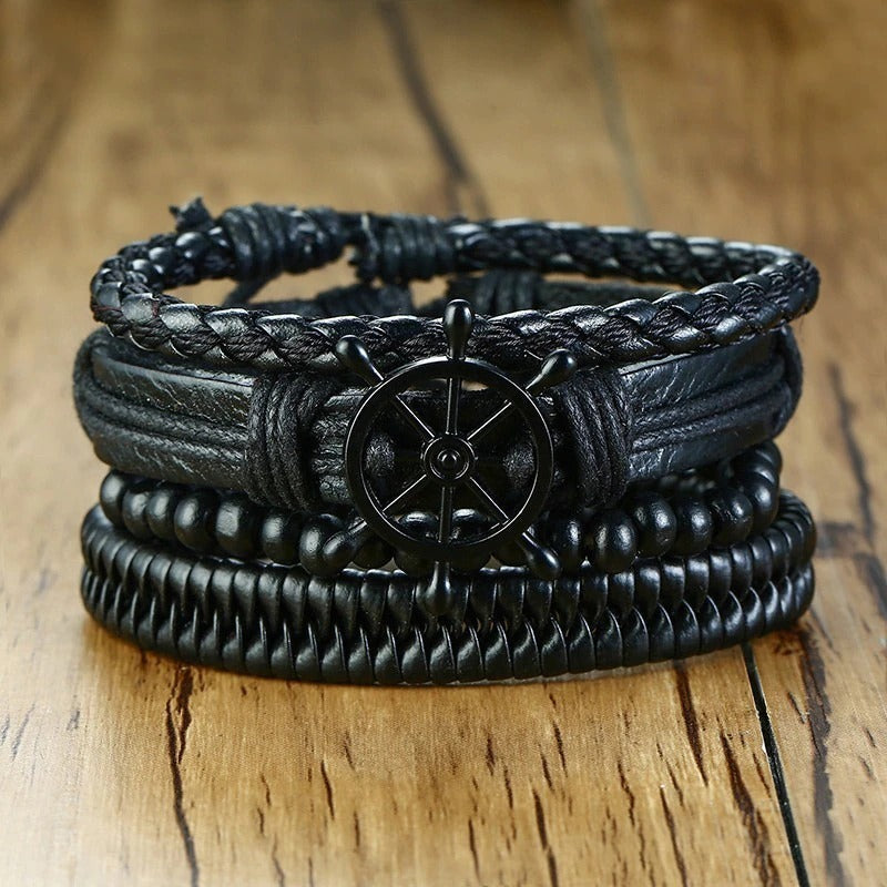 4Pcs Vintage Holzperlen Geflochtene Vegane Leder Wrap Armbänder Set