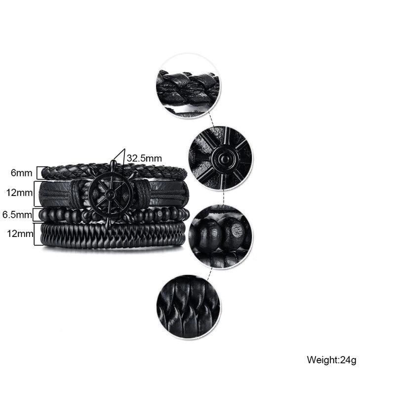 4Pcs Vintage Holzperlen Geflochtene Vegane Leder Wrap Armbänder Set