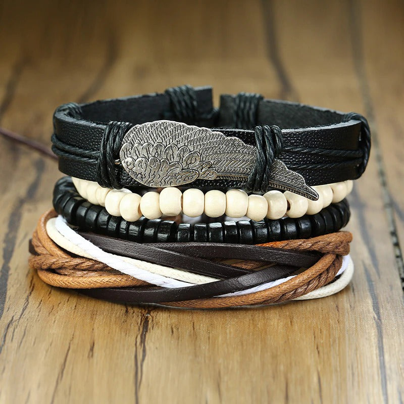 4Pcs Vintage Holzperlen Geflochtene Vegane Leder Wrap Armbänder Set
