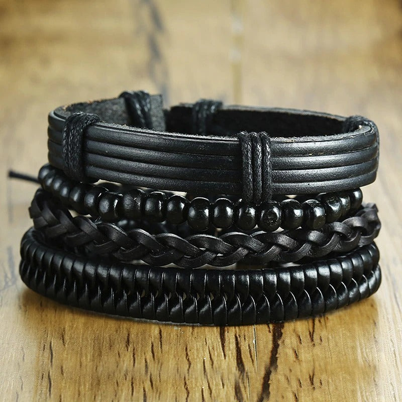 4Pcs Vintage Holzperlen Geflochtene Vegane Leder Wrap Armbänder Set