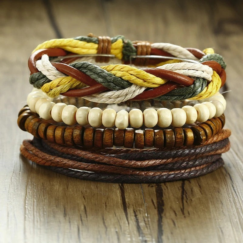 4Pcs Vintage Holzperlen Geflochtene Vegane Leder Wrap Armbänder Set