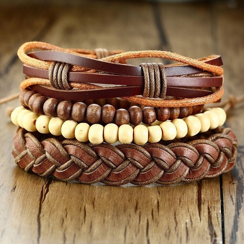 4Pcs Vintage Holzperlen Geflochtene Vegane Leder Wrap Armbänder Set