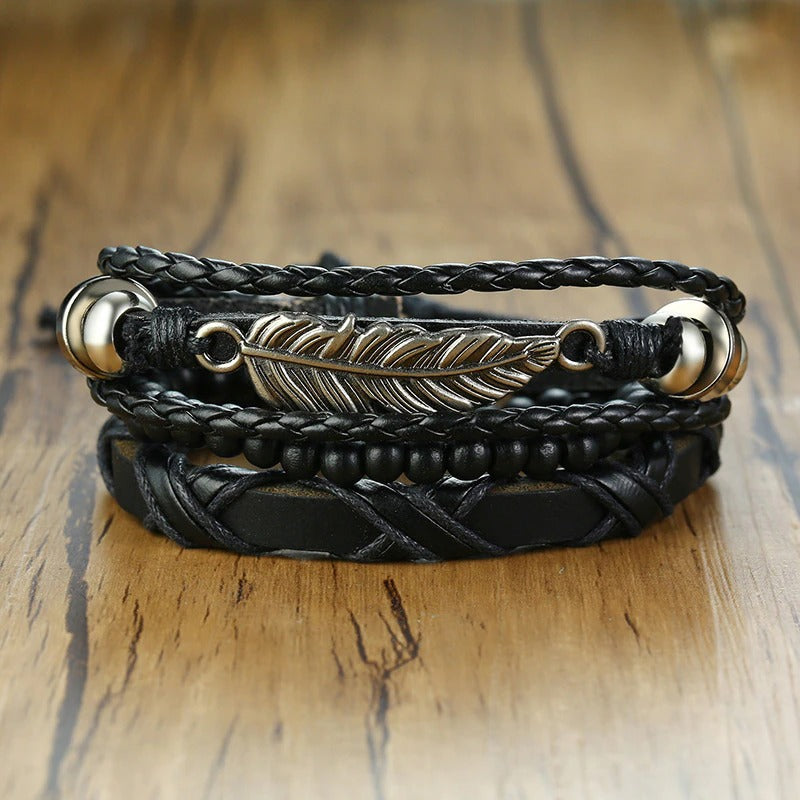 4Pcs Vintage Holzperlen Geflochtene Vegane Leder Wrap Armbänder Set