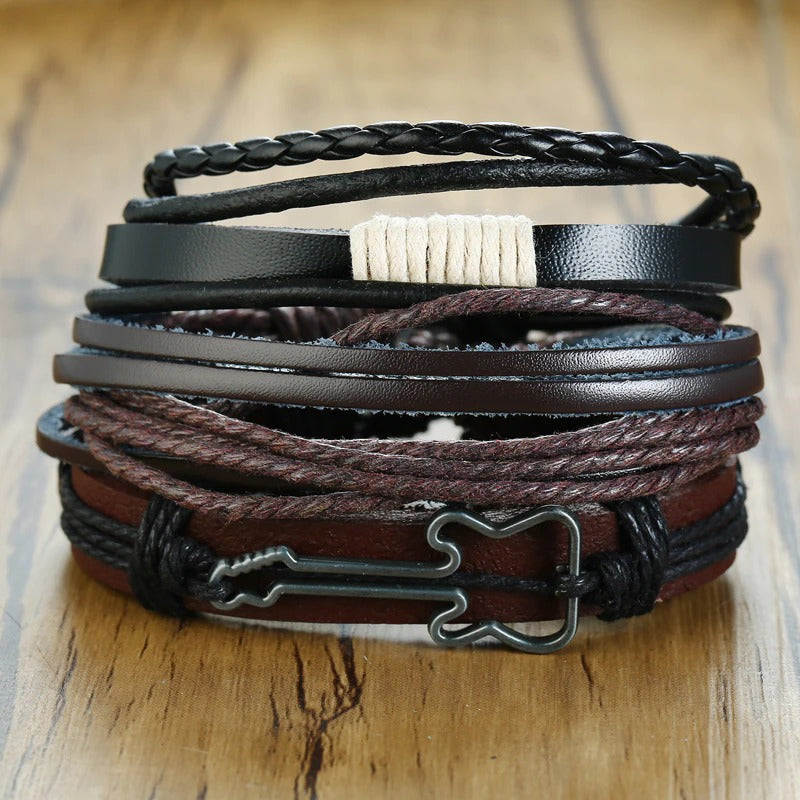 4Pcs Vintage Holzperlen Geflochtene Vegane Leder Wrap Armbänder Set