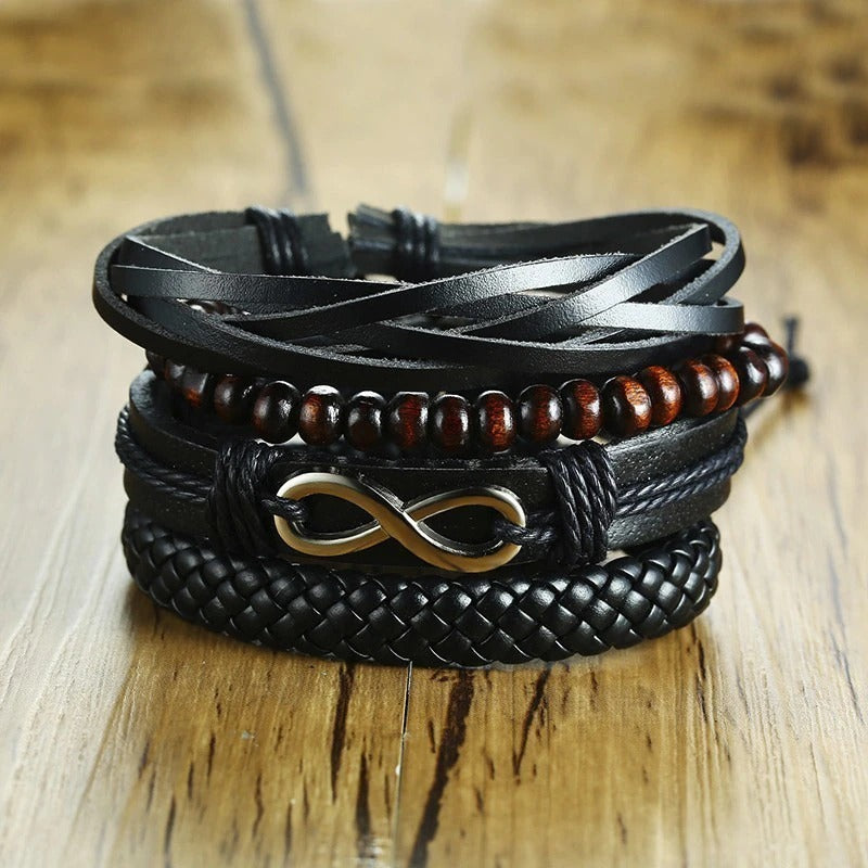 4Pcs Vintage Holzperlen Geflochtene Vegane Leder Wrap Armbänder Set