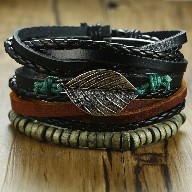 4Pcs Vintage Holzperlen Geflochtene Vegane Leder Wrap Armbänder Set