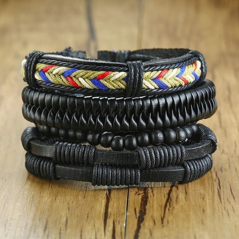 4Pcs Vintage Holzperlen Geflochtene Vegane Leder Wrap Armbänder Set