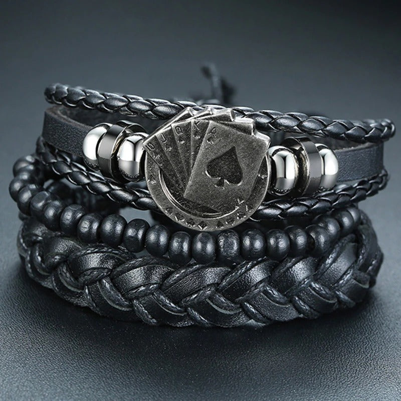 4Pcs Vintage Holzperlen Geflochtene Vegane Leder Wrap Armbänder Set