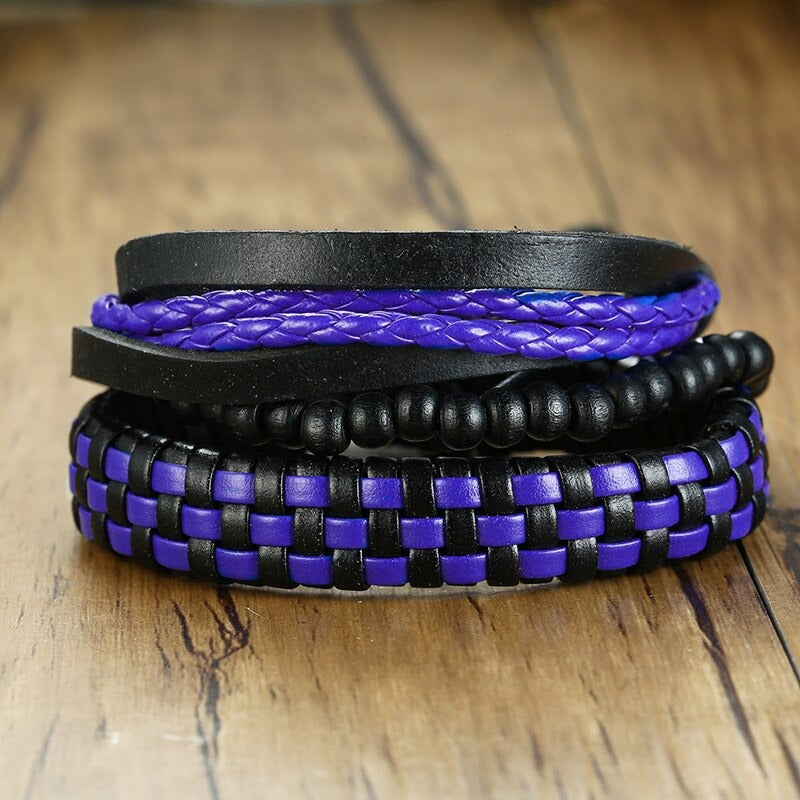 4Pcs Vintage Holzperlen Geflochtene Vegane Leder Wrap Armbänder Set