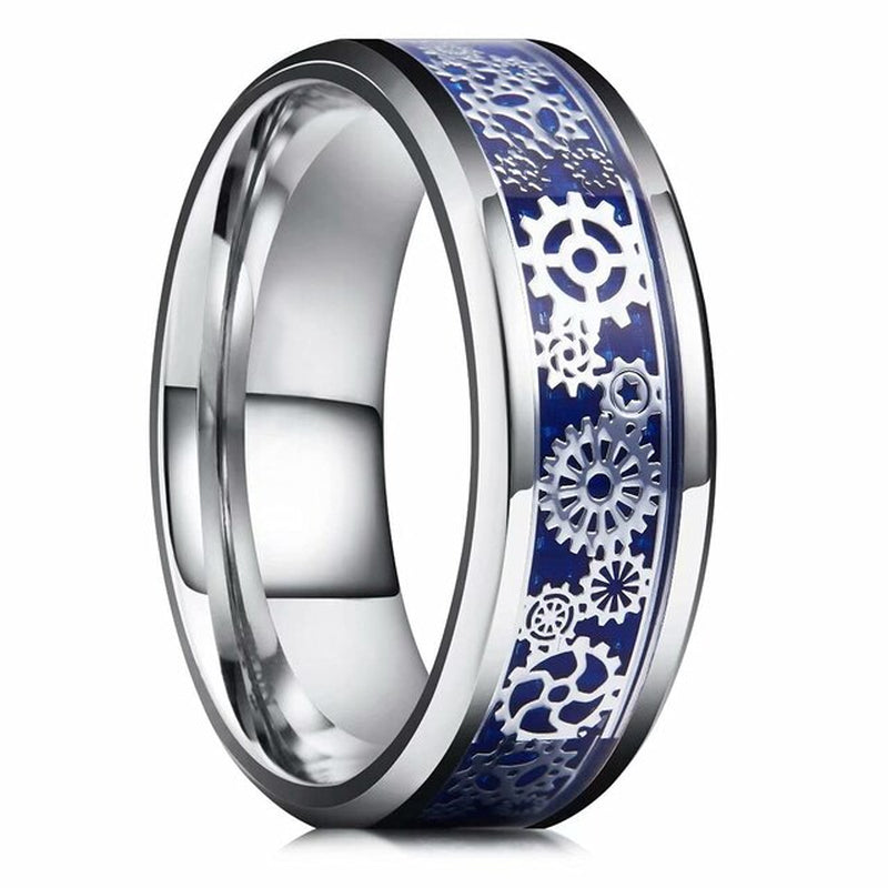 Mode Männer 8Mm Gold Farbe Nut Abgeschrägte Kante Wolfram Hochzeit Carbon Faser Ring Punk Zahnrad Edelstahl Ring für Männer