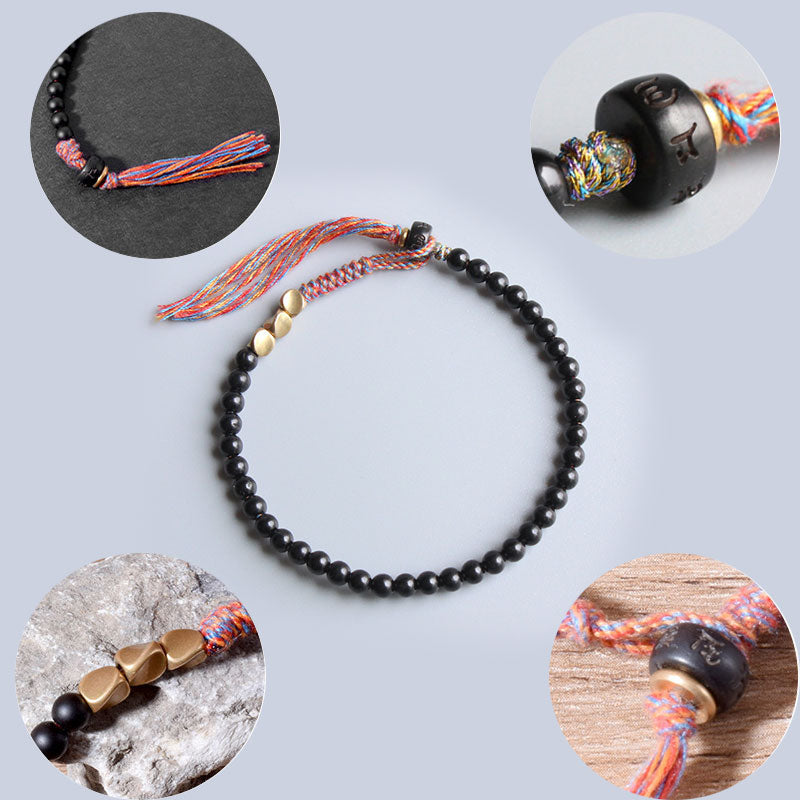 Handgefertigtes Chavri-Quastenarmband aus tibetischem schwarzem Onyx