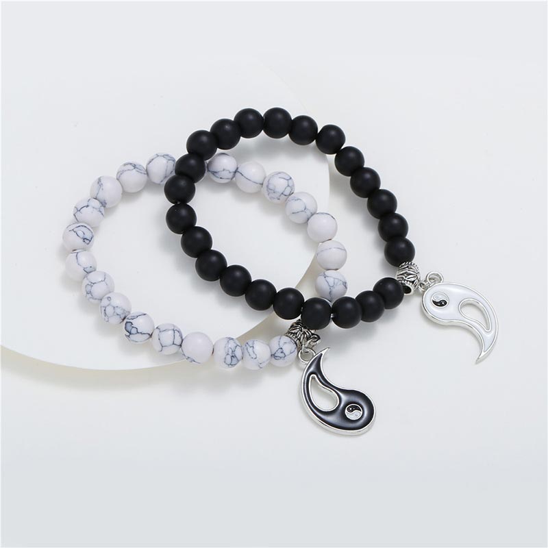 Chavri 2 Stück natürliches schwarzes Onyx-weißes Türkis-Perlen-Yin-Yang-Paar-Armband