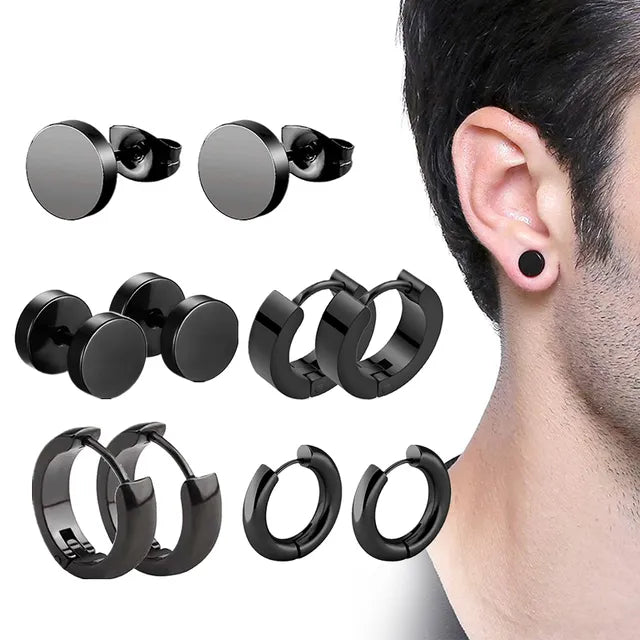 Schwarzes Unisex-Ohrring-Set aus Edelstahl mit 5 Paaren Piercing-Hoop-Ohrringen für Männer und Frauen Gothic Street Pop Hip Hop Circle Earring