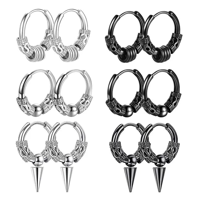 Schwarzes Unisex-Ohrring-Set aus Edelstahl mit 5 Paaren Piercing-Hoop-Ohrringen für Männer und Frauen Gothic Street Pop Hip Hop Circle Earring