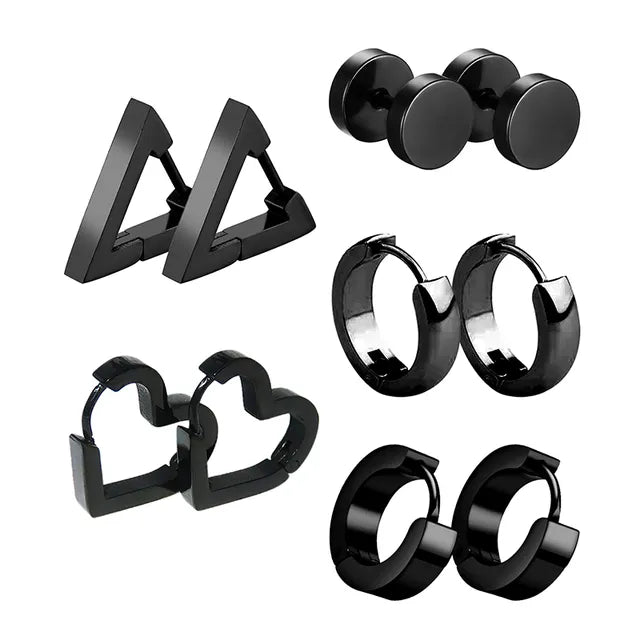 Schwarzes Unisex-Ohrring-Set aus Edelstahl mit 5 Paaren Piercing-Hoop-Ohrringen für Männer und Frauen Gothic Street Pop Hip Hop Circle Earring