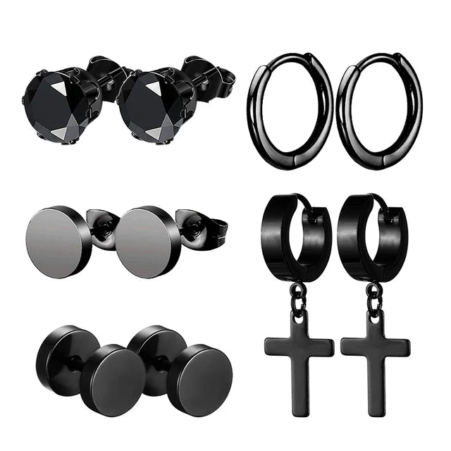 Schwarzes Unisex-Ohrring-Set aus Edelstahl mit 5 Paaren Piercing-Hoop-Ohrringen für Männer und Frauen Gothic Street Pop Hip Hop Circle Earring
