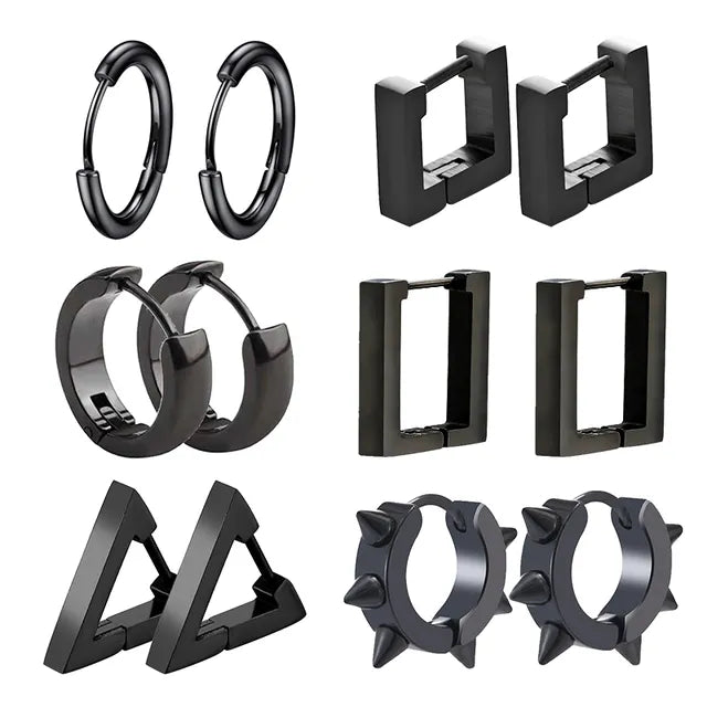 Schwarzes Unisex-Ohrring-Set aus Edelstahl mit 5 Paaren Piercing-Hoop-Ohrringen für Männer und Frauen Gothic Street Pop Hip Hop Circle Earring
