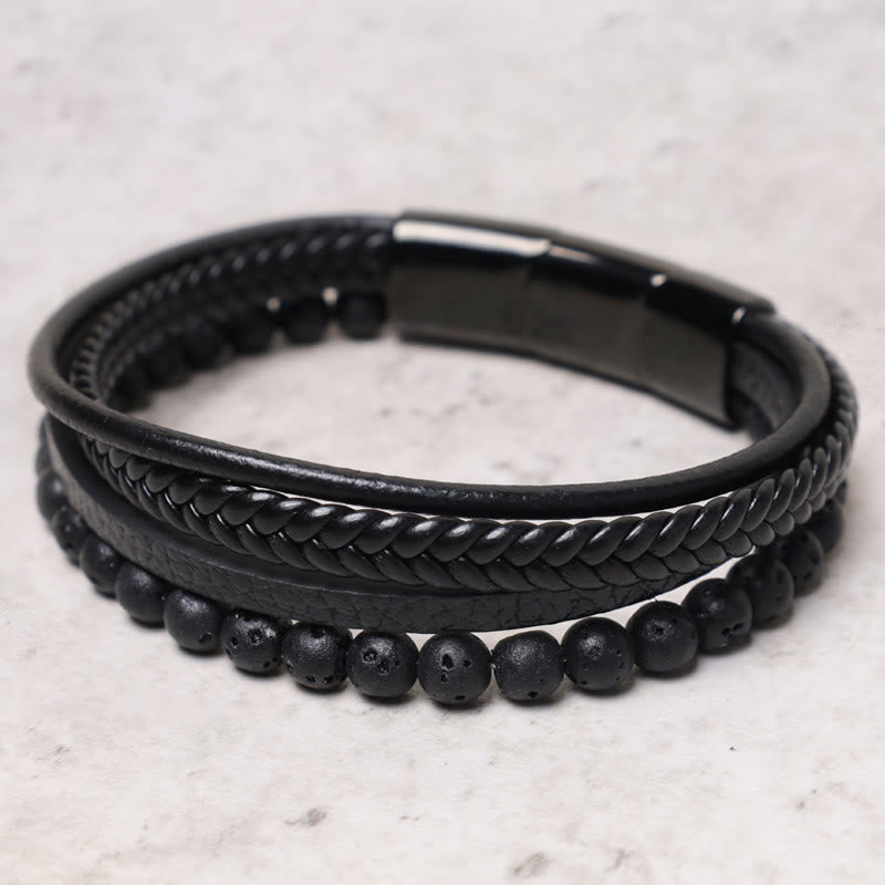 Chavri natürliches Lavagestein-Lederarmband mit schwarzen Onyxperlen