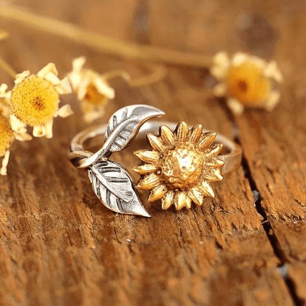 Böhmen Gold Sonnenblumen Silberblätter Verstellbarer Ring