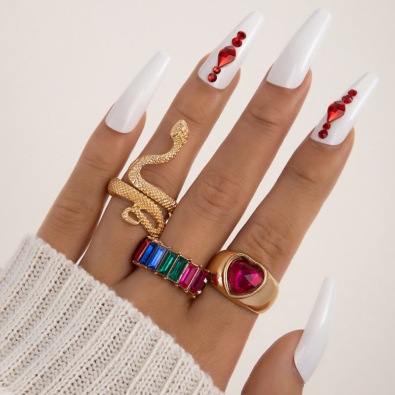 5 Stücke Strass Und Herzschlangenring -Set