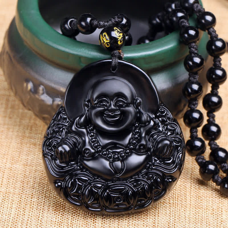 Chavri Lachender Buddha Halskette mit schwarzem Obsidian-Stärkeschutz-Anhänger
