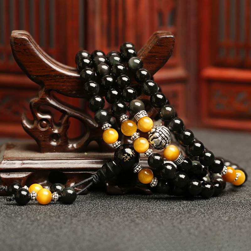 Chavri Mala-Armband mit 108 Perlen, schwarzem Obsidian, Tigerauge, Lazurit