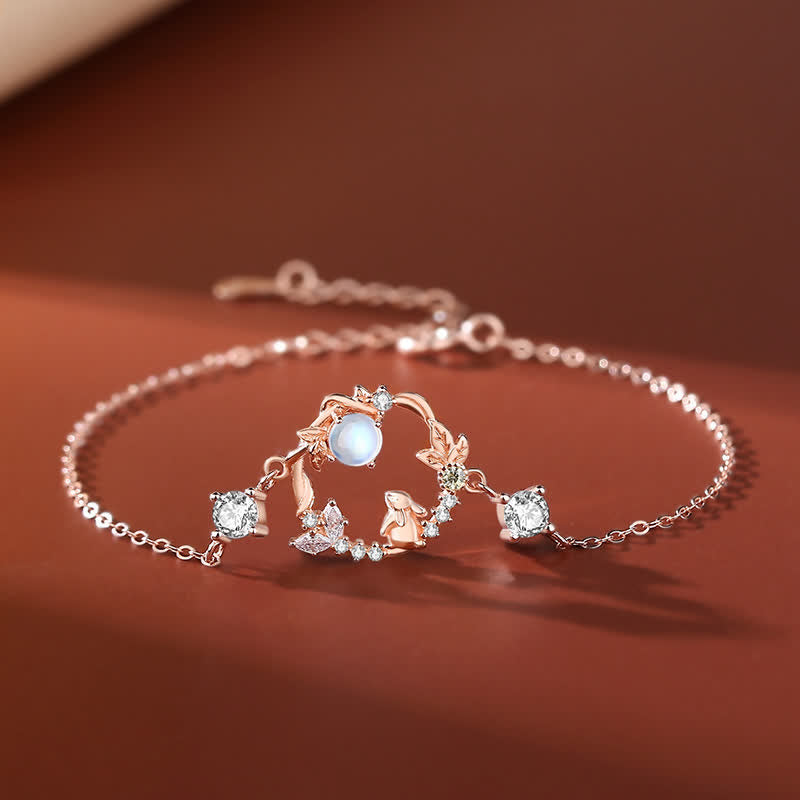 Chavri 925 Sterling Silber Jahr des Kaninchens Mondstein Mond Blumenmuster Halskette Anhänger Armband Ohrringe