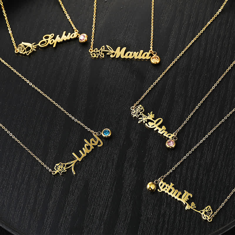 Benutzerdefinierte Horizontal Geburtsblume Geburtssteinname Halskette