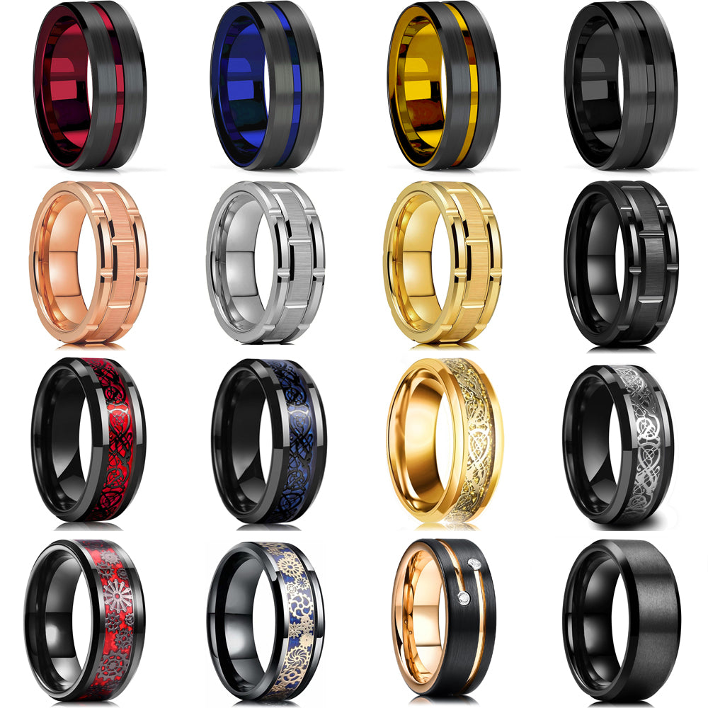 Mode Männer 8Mm Gold Farbe Nut Abgeschrägte Kante Wolfram Hochzeit Carbon Faser Ring Punk Zahnrad Edelstahl Ring für Männer