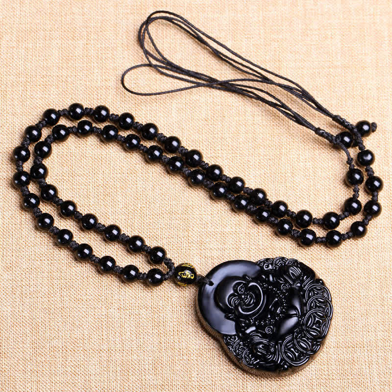 Chavri Lachender Buddha Halskette mit schwarzem Obsidian-Stärkeschutz-Anhänger