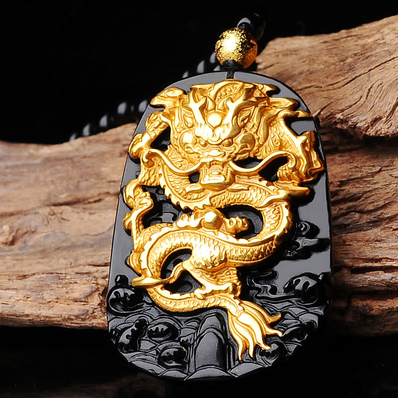 Chavri 18 Karat vergoldete Drachen-Obsidian-Glücksanhänger-Halskette