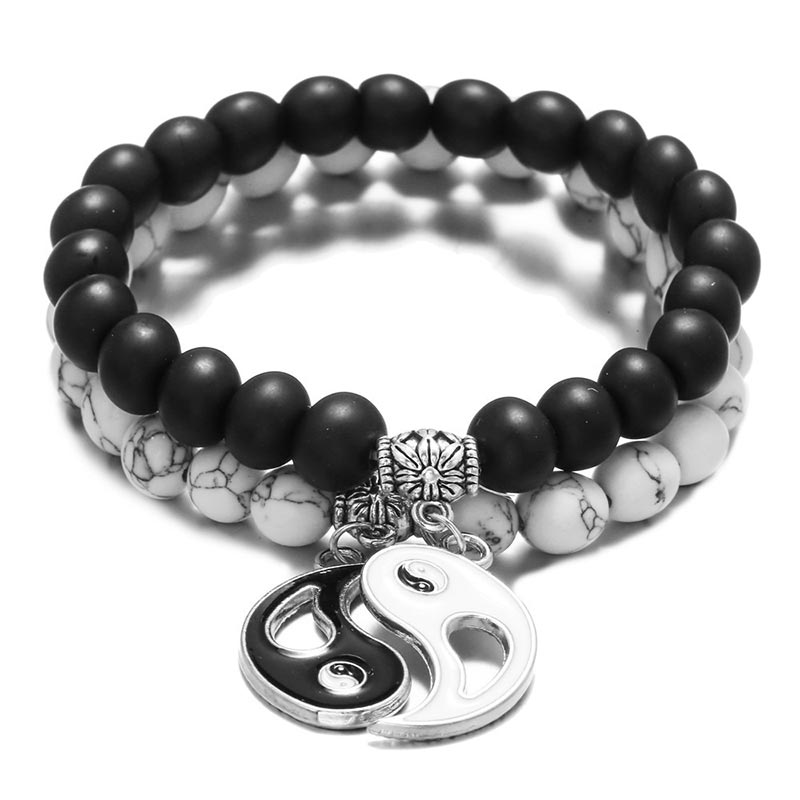 Chavri 2 Stück natürliches schwarzes Onyx-weißes Türkis-Perlen-Yin-Yang-Paar-Armband