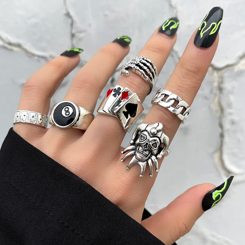 6Pcs Punk -Schädelklauen -Poker -Joker -Ring -Set