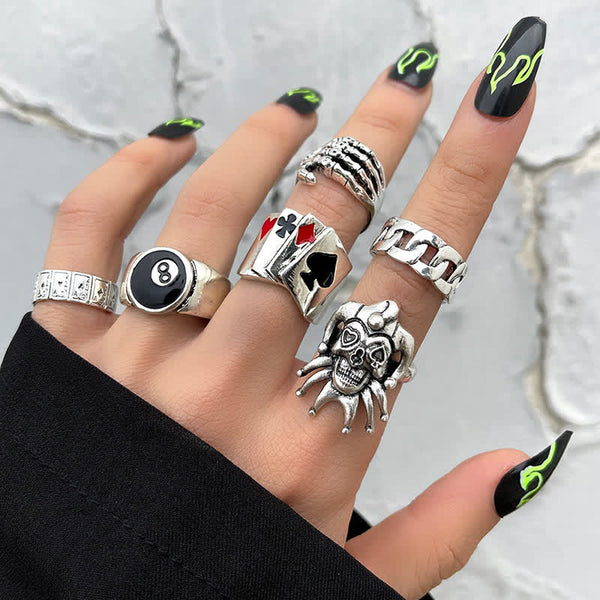 6Pcs Punk -Schädelklauen -Poker -Joker -Ring -Set