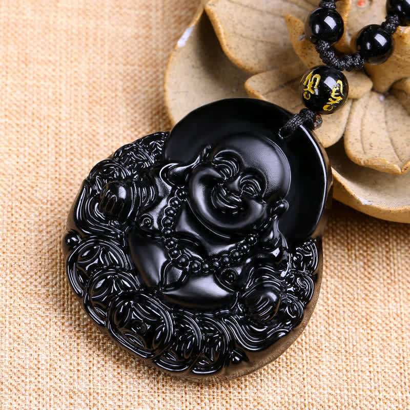 Chavri Lachender Buddha Halskette mit schwarzem Obsidian-Stärkeschutz-Anhänger