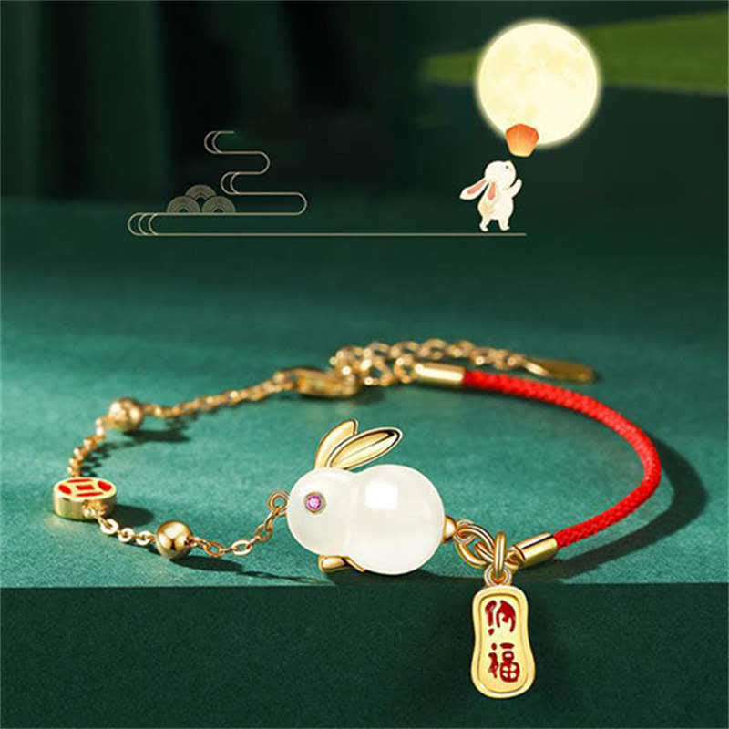 Chavri-Jahr des Kaninchens, weißes Jade-Happiness-Armband mit roter Schnur